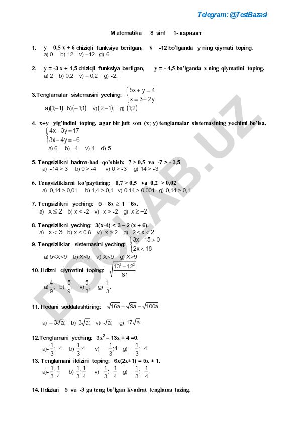 Matematika 8-sinf test savollari va masalalari