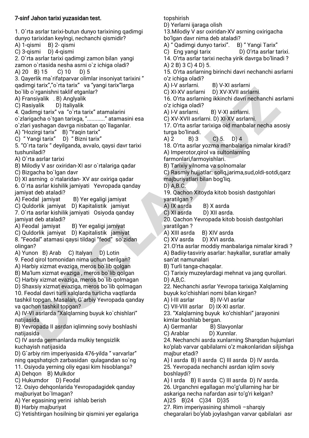 7-sinf Jahon tarixi test savollari