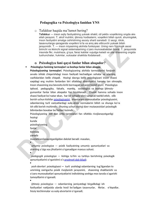 Pedagogika va psixologiya fanlari: tafakkur va psixologiyaning tarmoqlari