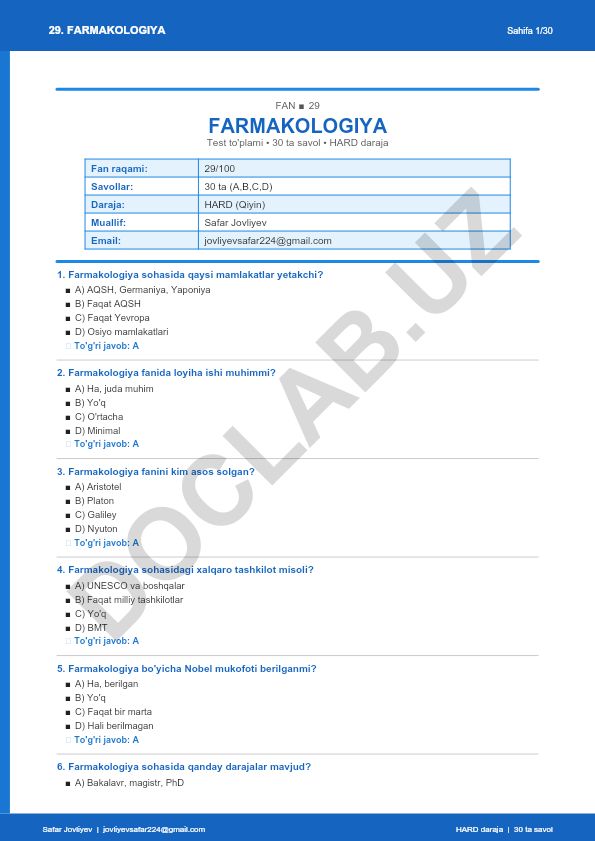 Farmakologiya fanidan 30 ta qiyin test savollari