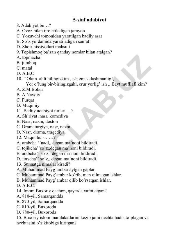 5-sinf adabiyot fanidan test savollari