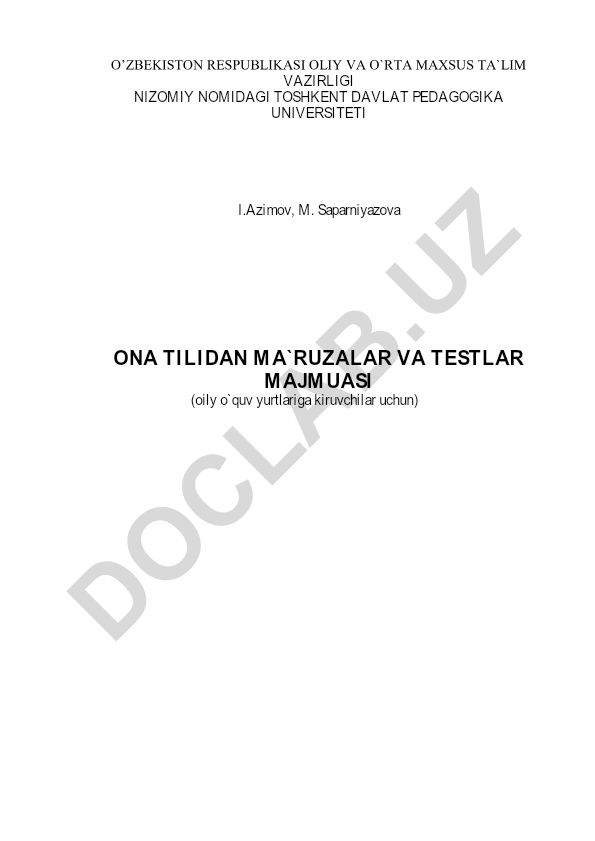 Ona tili kursi uchun ma'ruzalar va testlar majmuasi