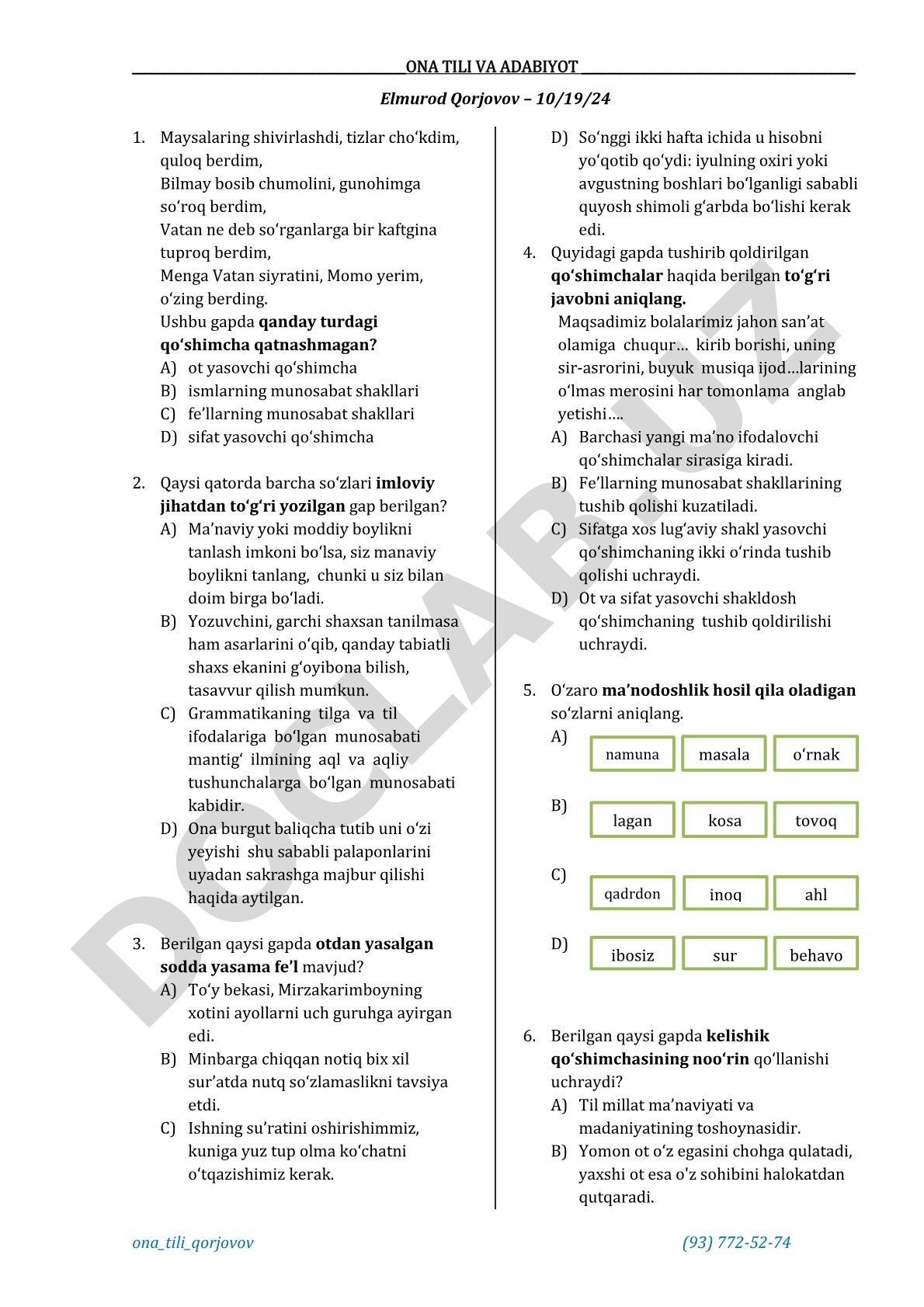 Ona tili va adabiyot fanidan test savollari