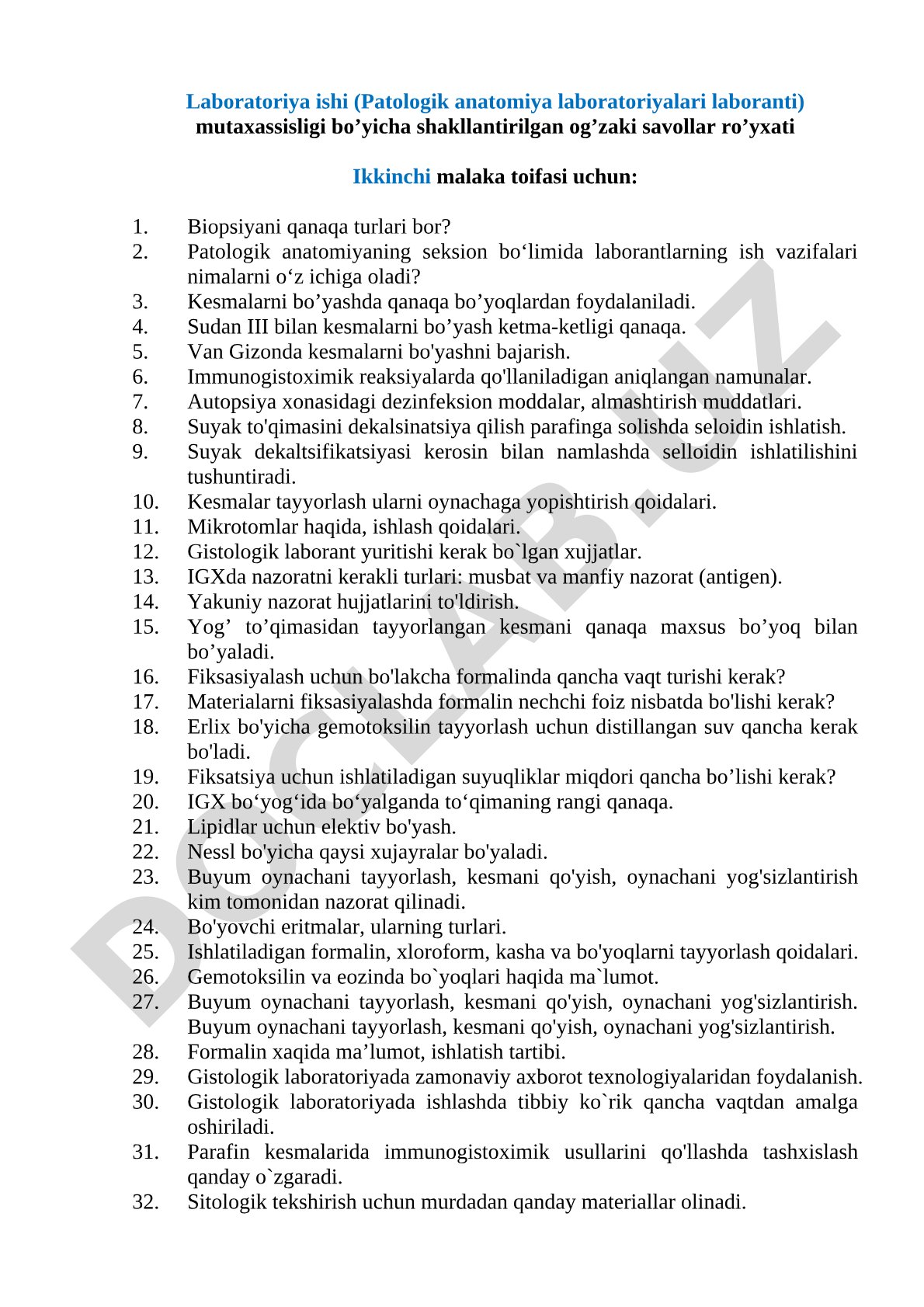 Patologik anatomiya laboratoriyasi laboranti uchun og'zaki savollar ro'yxati