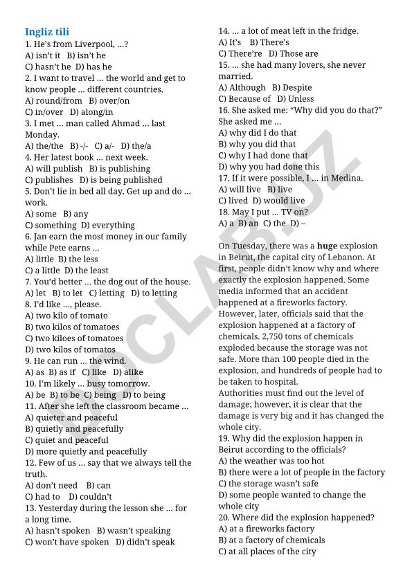English grammar exercises with multiple choice questions