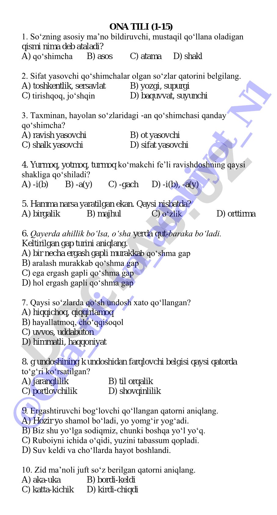 Ona tili test savollari