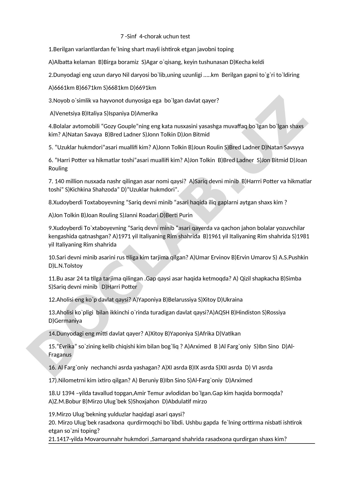 7-sinf 4-chorak test savollari