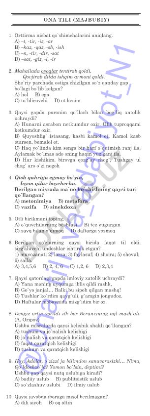Ona tili fanidan test savollari