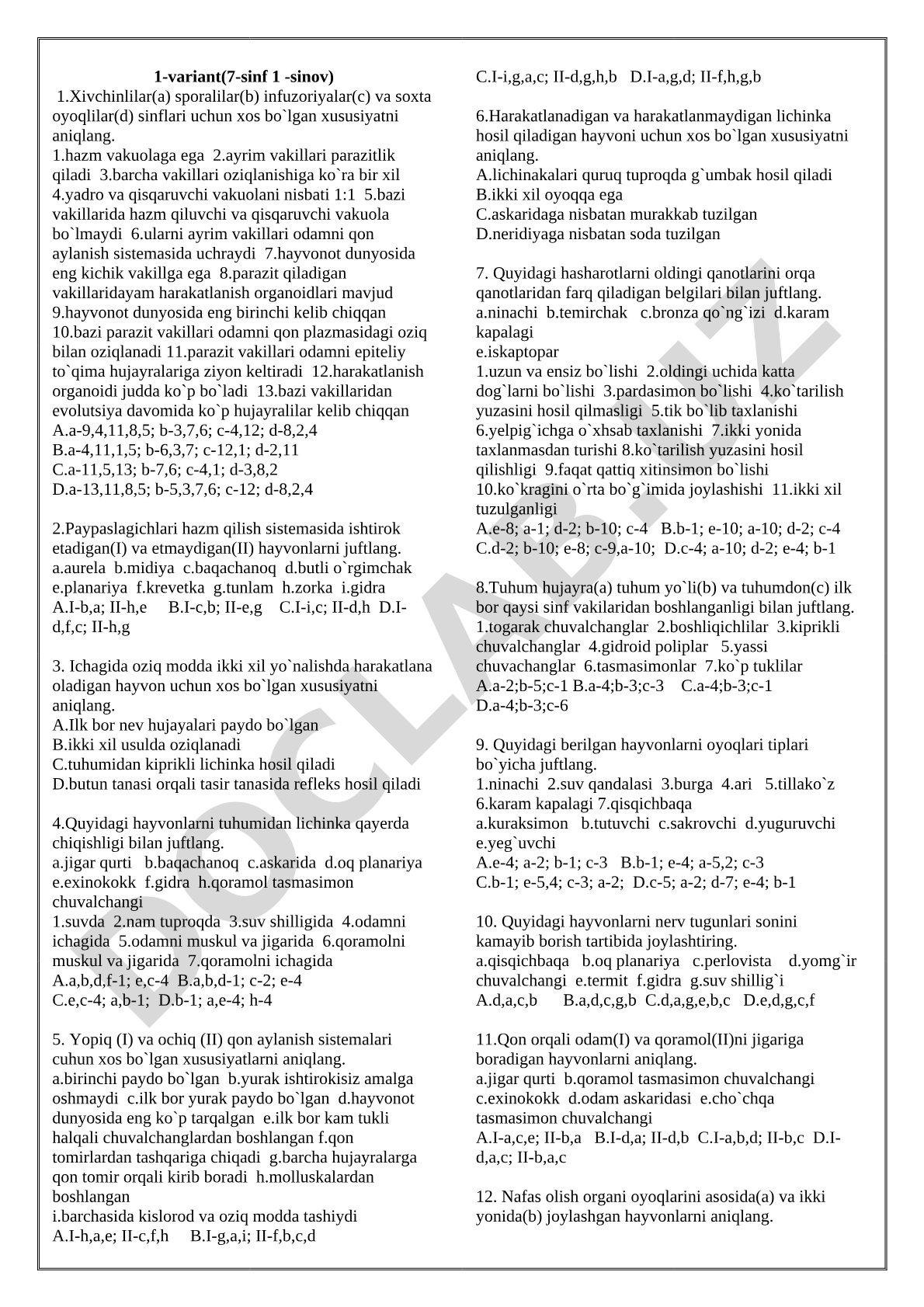7-sinf biologiya sinov testi