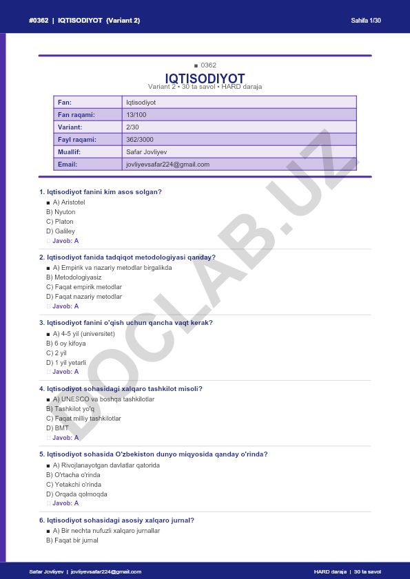 Iqtisodiyot faniga oid test savollari (Variant 2)