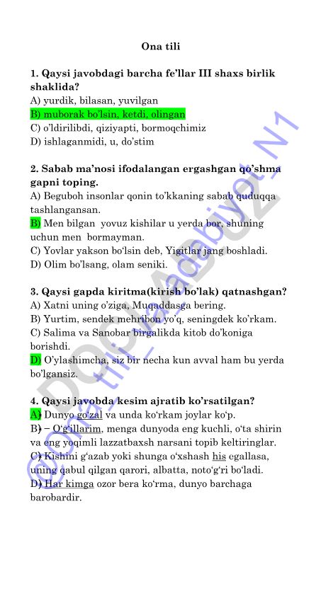 Ona tili fanidan test savollari