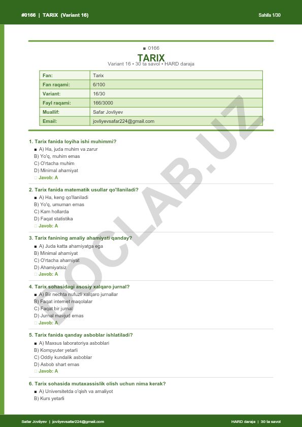 Tarix fanidan test savollari (Variant 16)