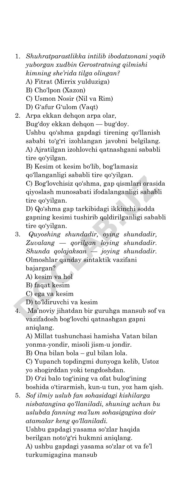 Ona tili va adabiyot fanidan test savollari