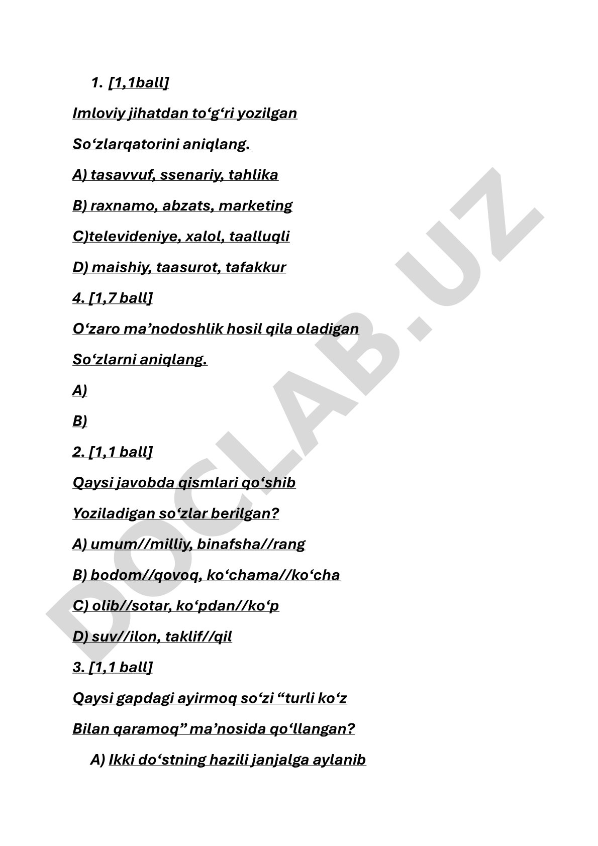 Imloviy jihatdan to'g'ri yozilgan so'zlar qatorini aniqlash