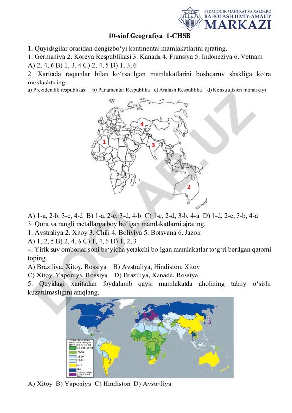 10-sinf Geografiya 1-CHSB test savollari