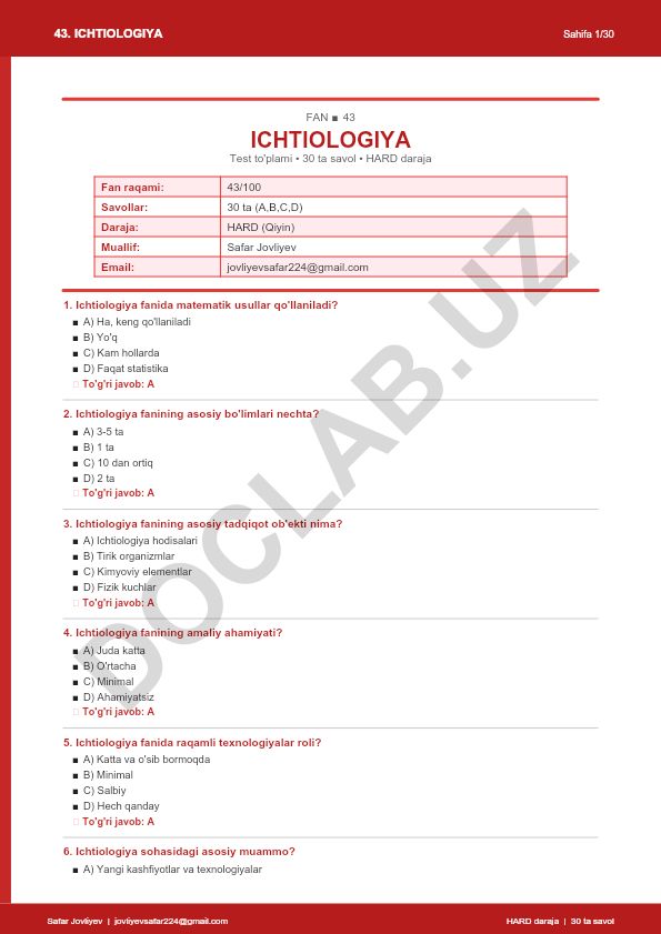 Ichtiologiya faniga oid test to'plami