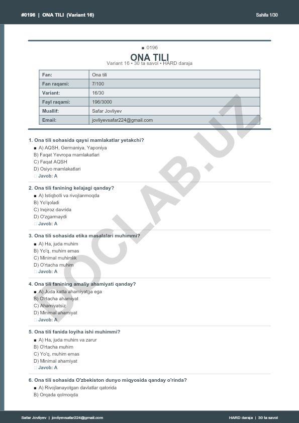 Ona tili fanidan test savollari (Variant 16)