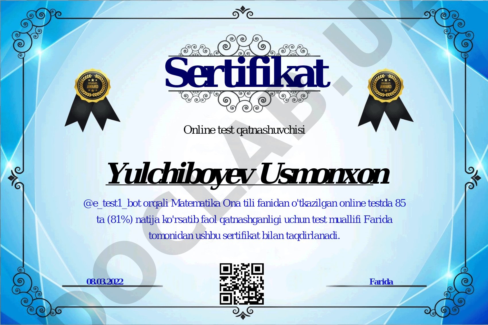 Online test sertifikatlari
