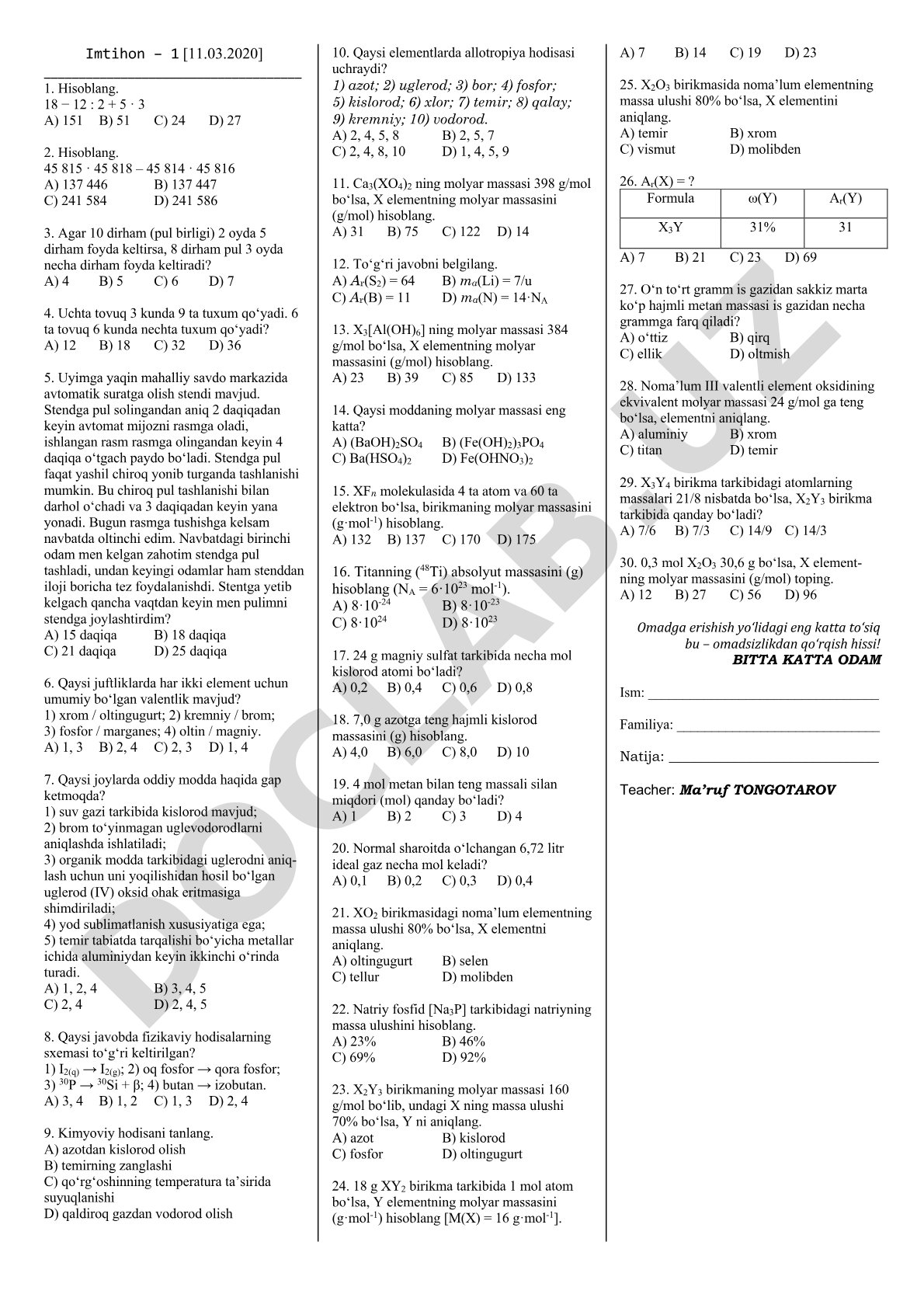 Matematik masalalar to'plami