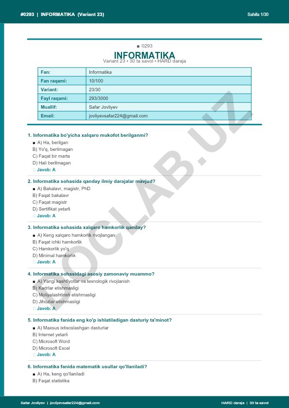 Informatika fanidan 30 ta savol va javoblar to'plami
