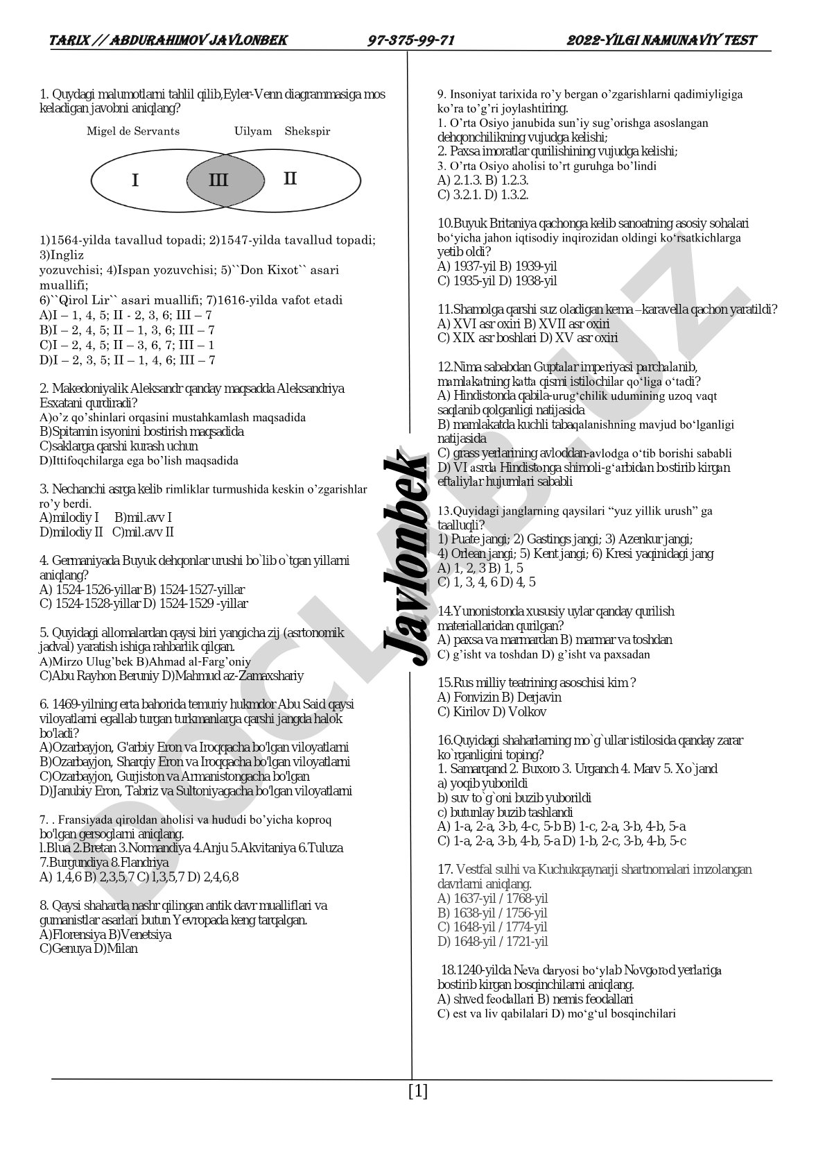 Tarix fanidan namunaviy test savollari