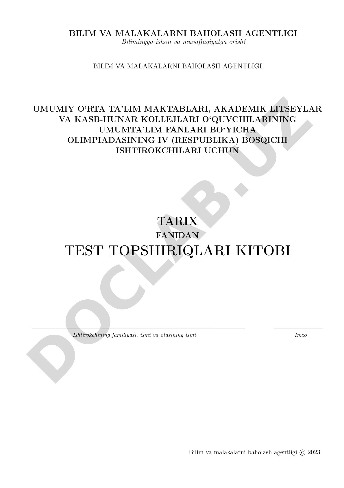 Tarix fanidan test topshiriqlari kitobi