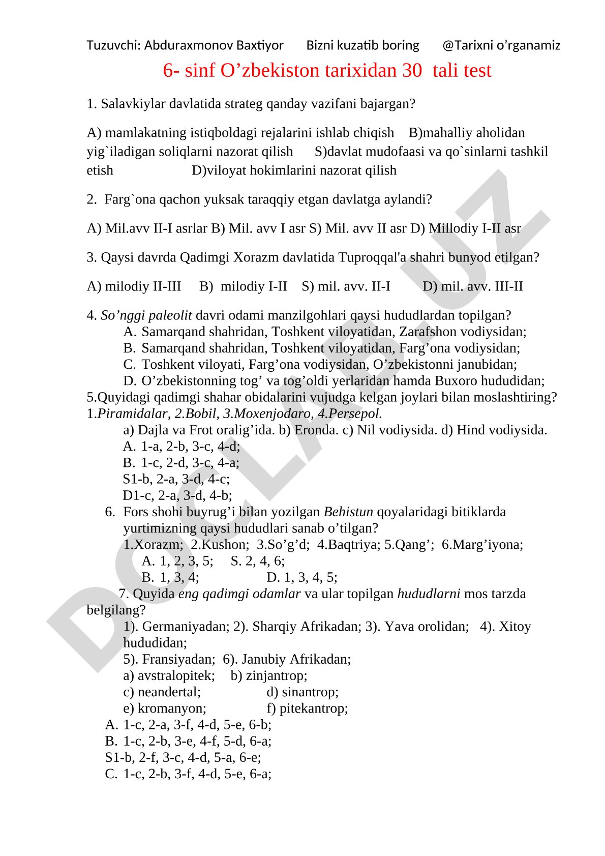 6-sinf O'zbekiston tarixidan 30 tali test