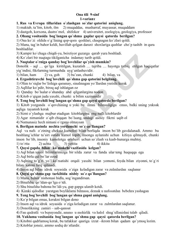 Ona tili 9-sinf test topshiriqlari