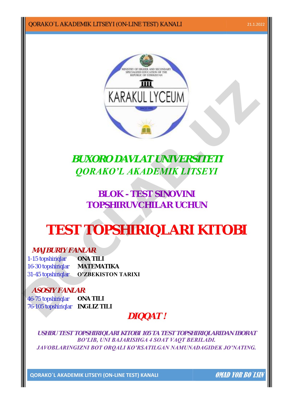 Blok test sinovi uchun test topshiriqlari kitobi