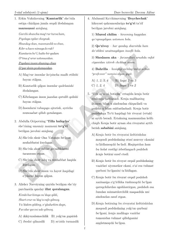 5-sinf adabiyoti test savollari