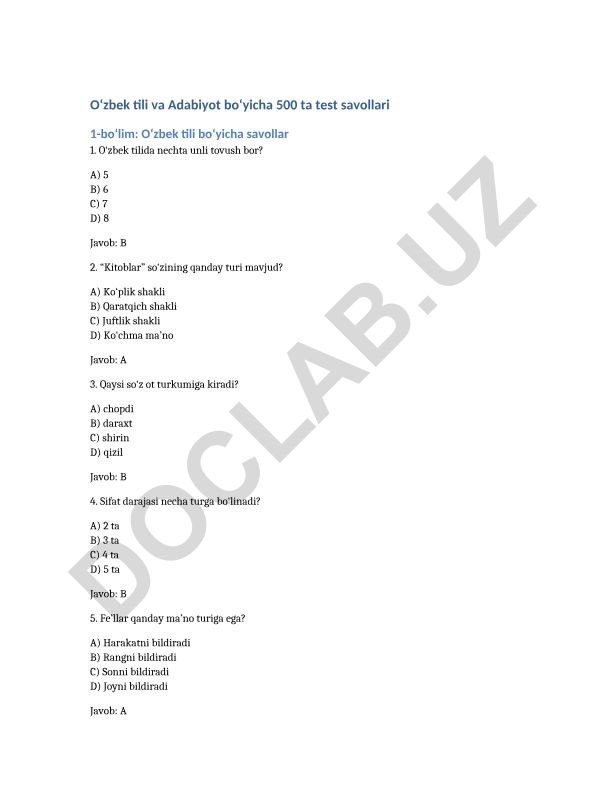O‘zbek tili va Adabiyot bo‘yicha test savollari