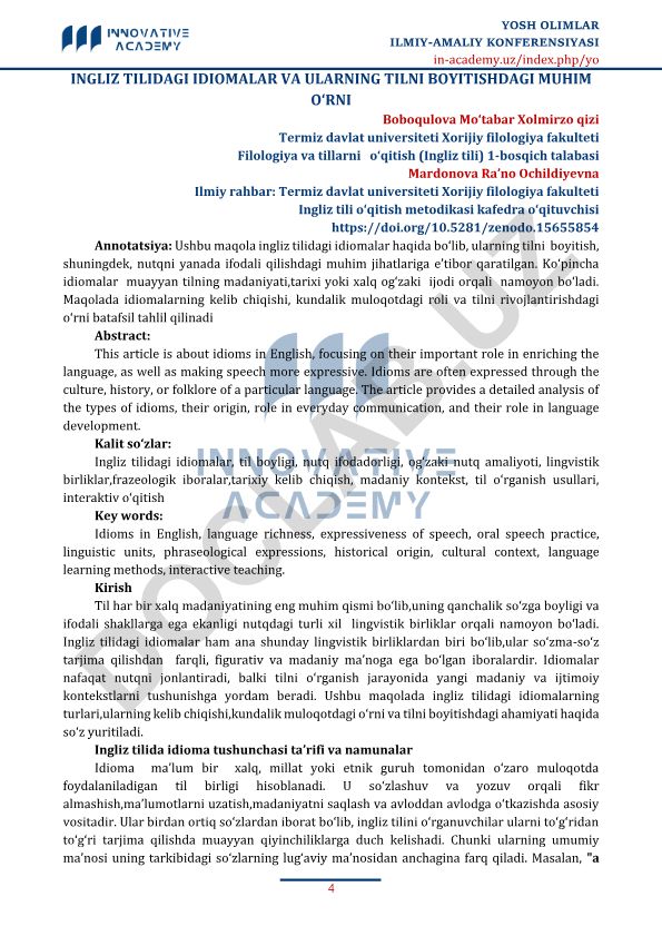 Ingliz tilidagi idiomalar va ularning tilni boyitishdagi muhim o‘rni