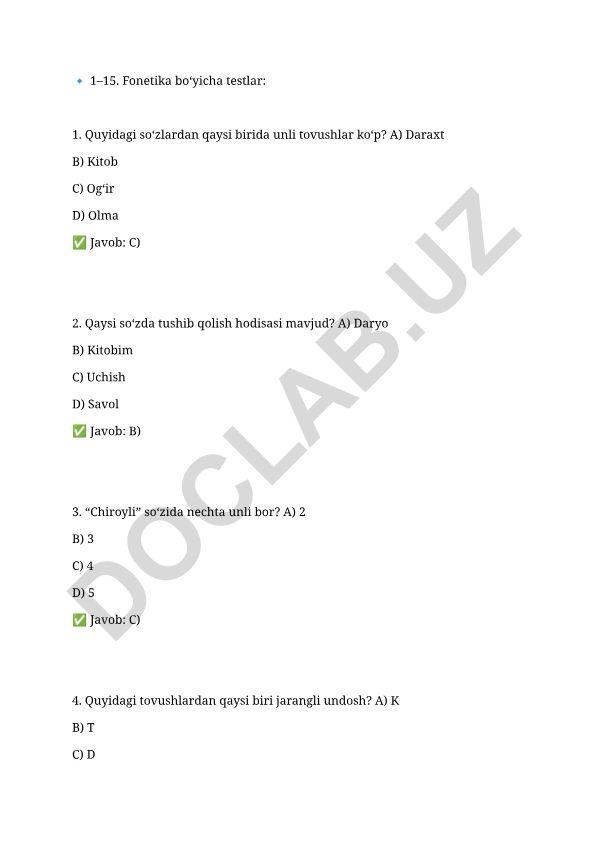 Fonetika bo'yicha test savollari va javoblari