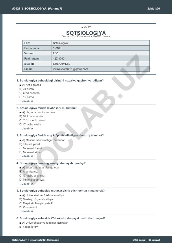 Sotsiologiya fanidan 30 ta savol testi (Variant 7)