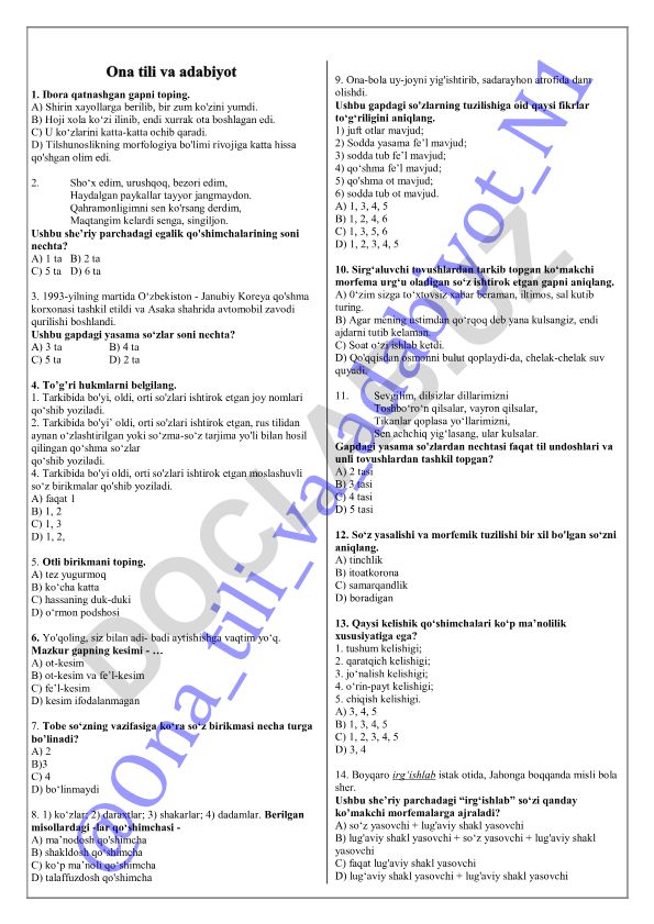 Ona tili va adabiyot fanidan test savollari