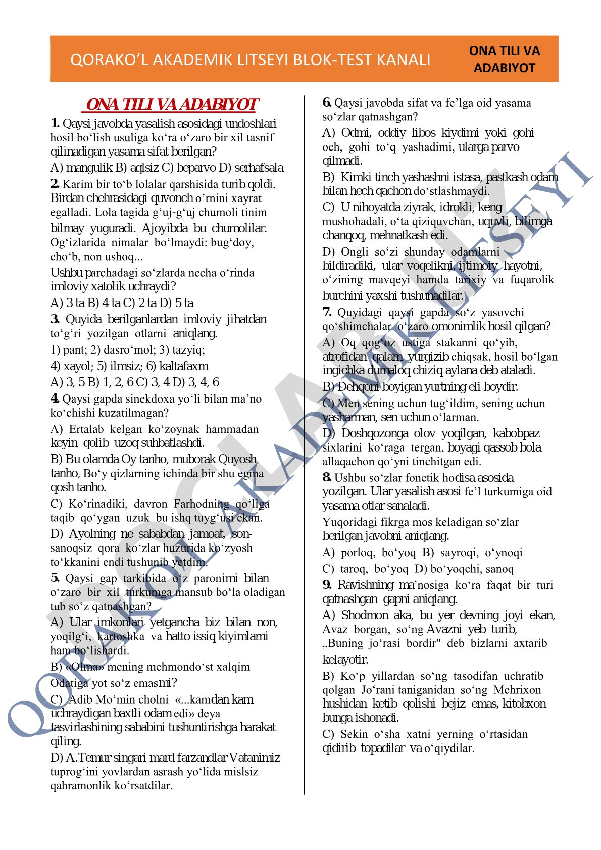Ona tili va adabiyot blok-test savollari