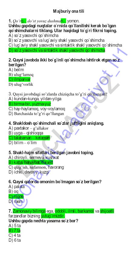 Ona tili test savollari va topshiriqlari