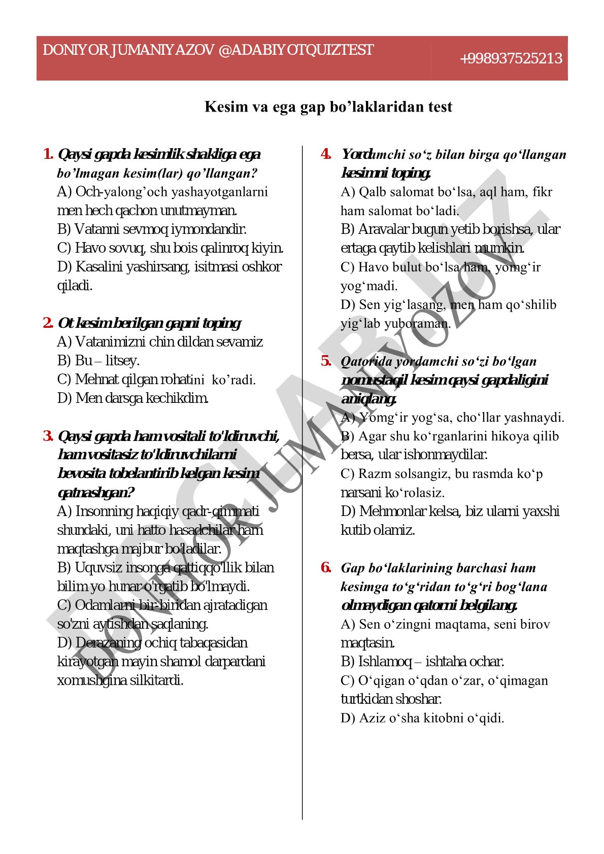 Kesim va ega gap bo'laklaridan test