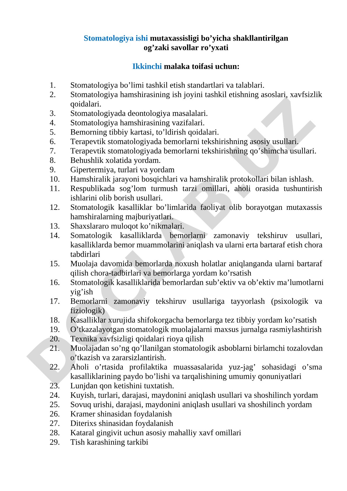 Stomatologiya ishi mutaxassisligi bo'yicha og'zaki savollar ro'yxati