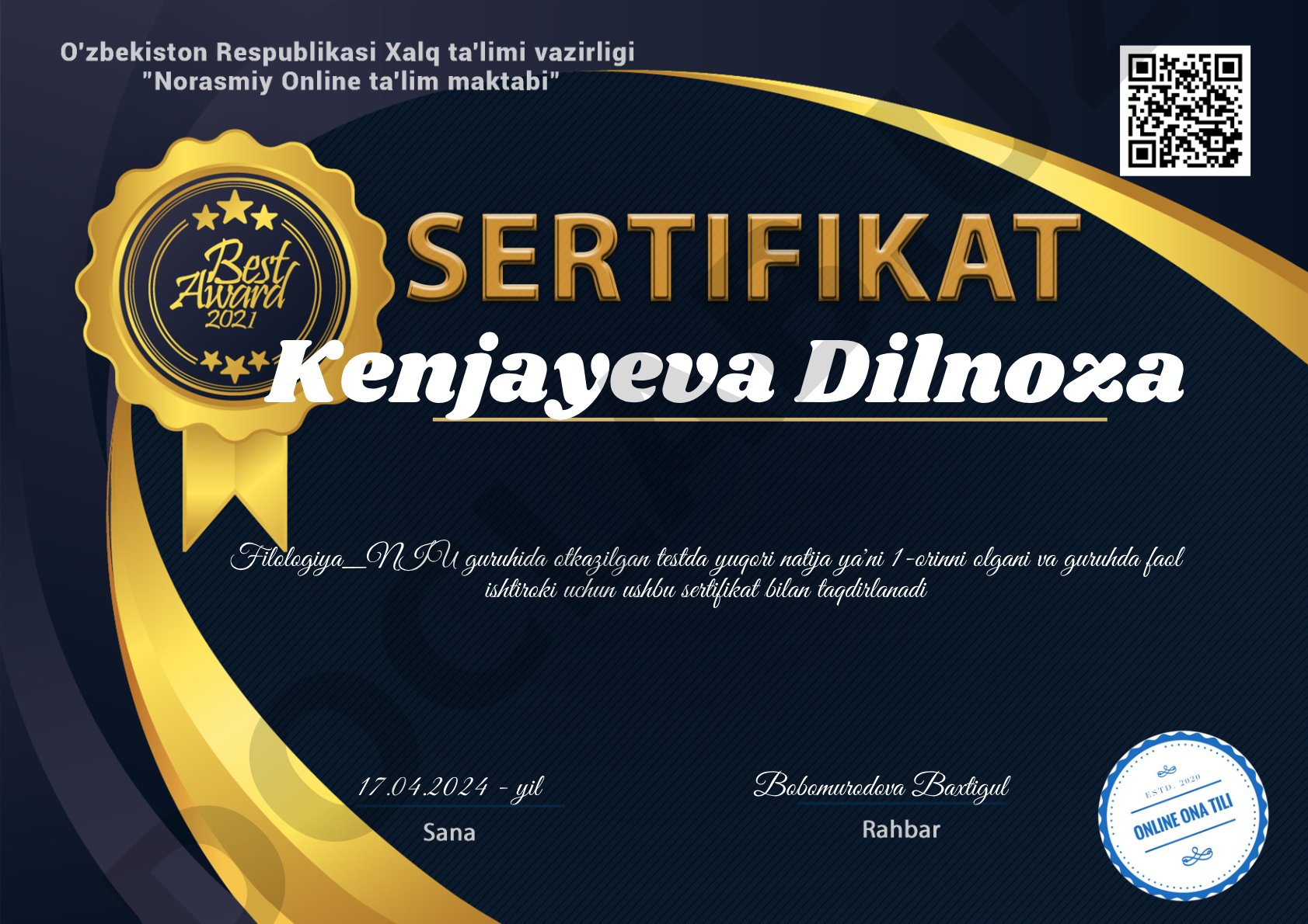 Kenjayeva Dilnoza Filologiya_NIU guruhida testda 1-o'rin olgani uchun sertifikat