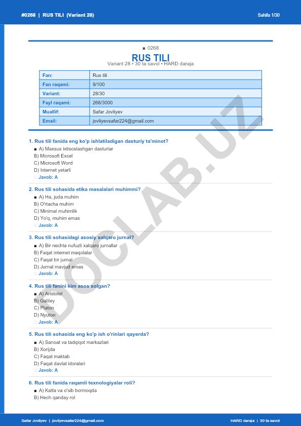 Rus tili faniga oid test savollari to'plami