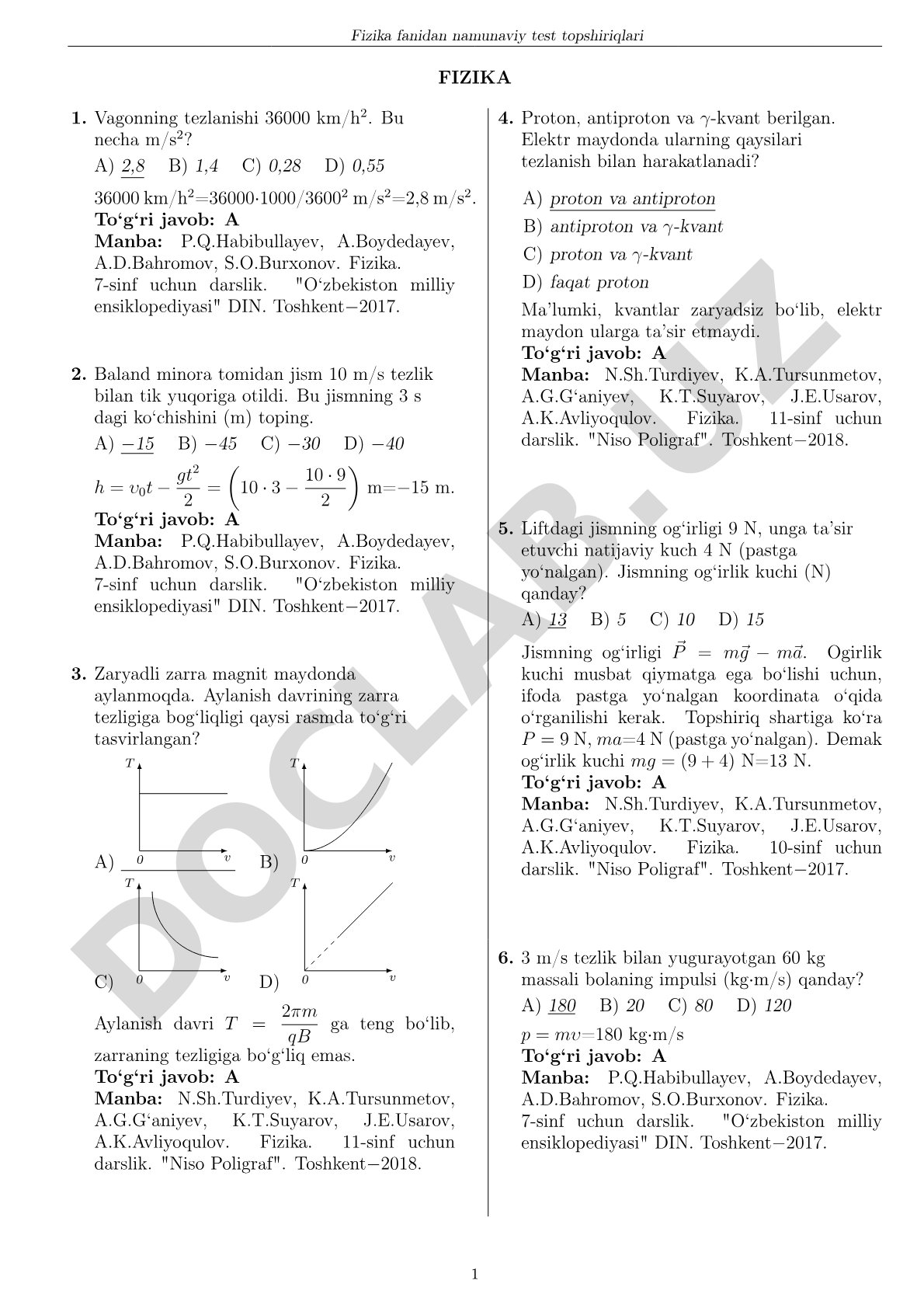 Fizika fanidan namunaviy test topshiriqlari