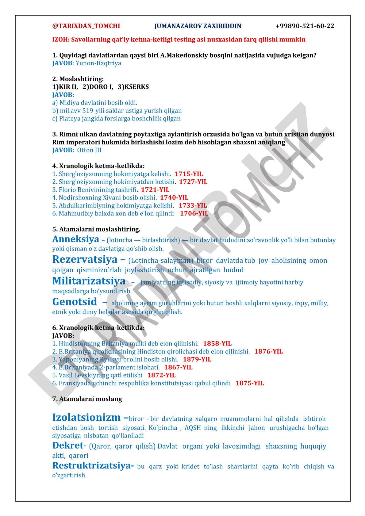 Tarix fanidan test savollari