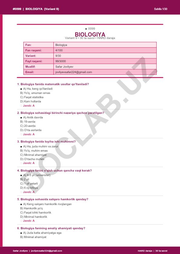 Biologiya fanidan 30 ta savol (Variant 9)