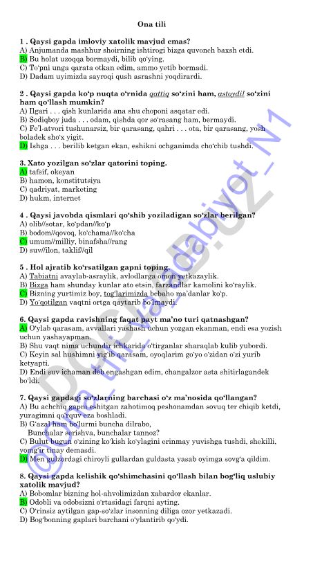 Ona tili imlo va grammatika test savollari