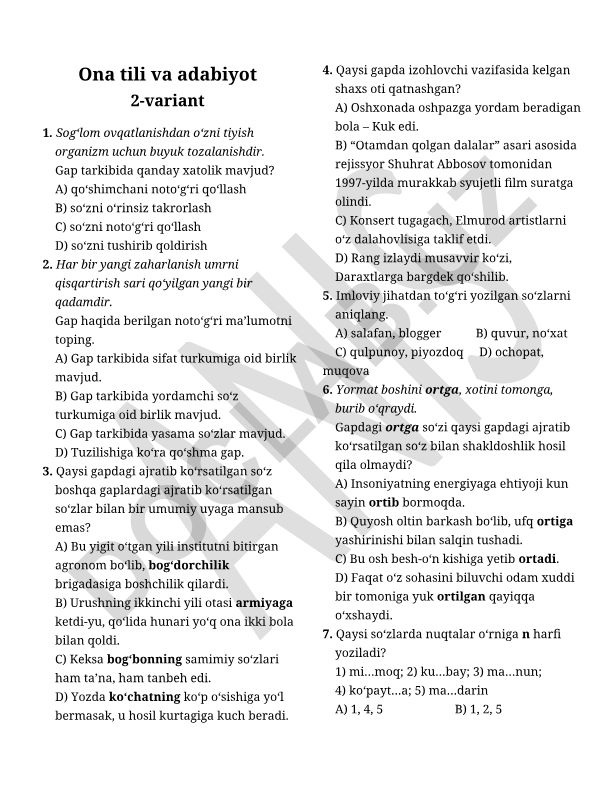Ona tili va adabiyot fanidan test savollari