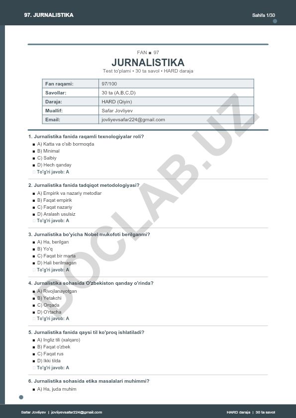 Jurnalistika faniga oid test to'plami