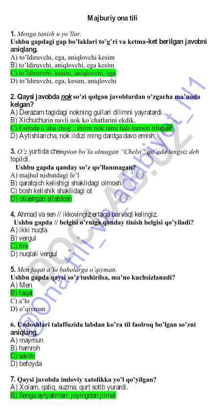 Ona tili test savollari va javoblari