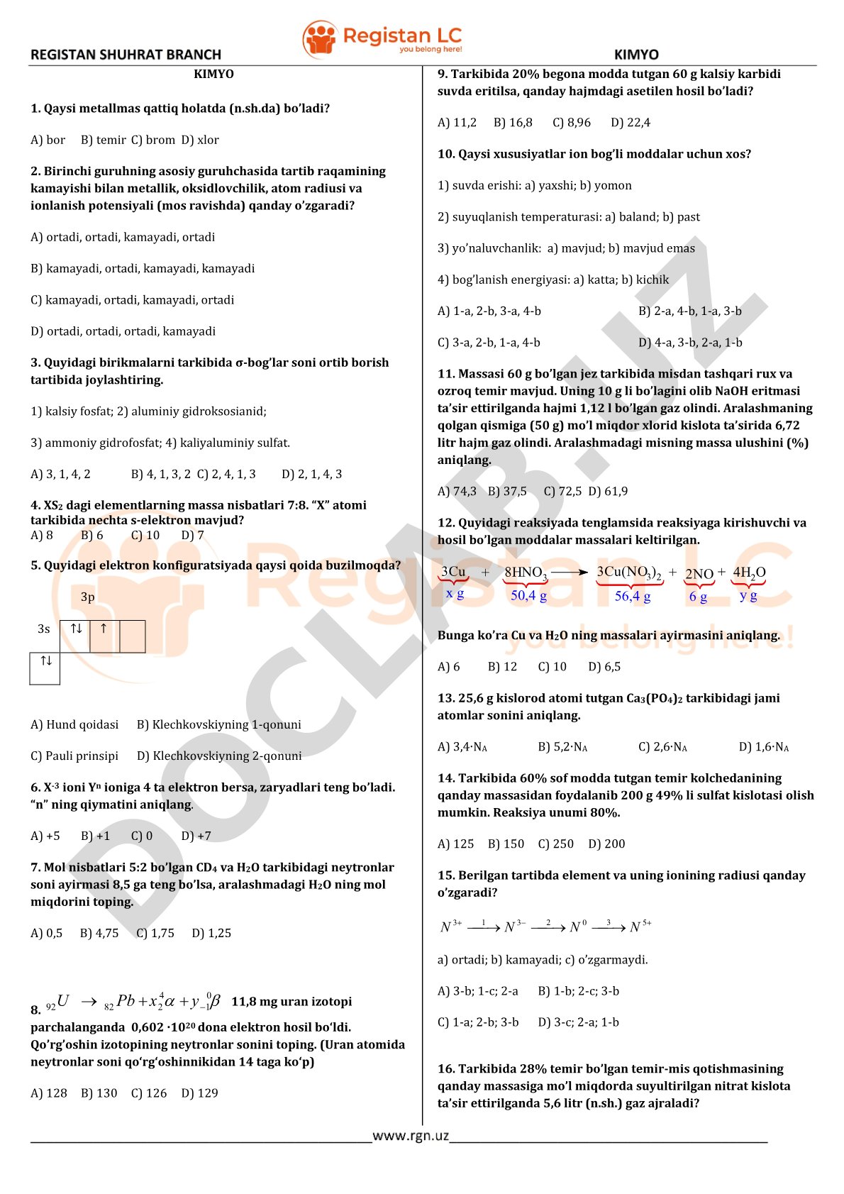 Kimyo fanidan test savollari