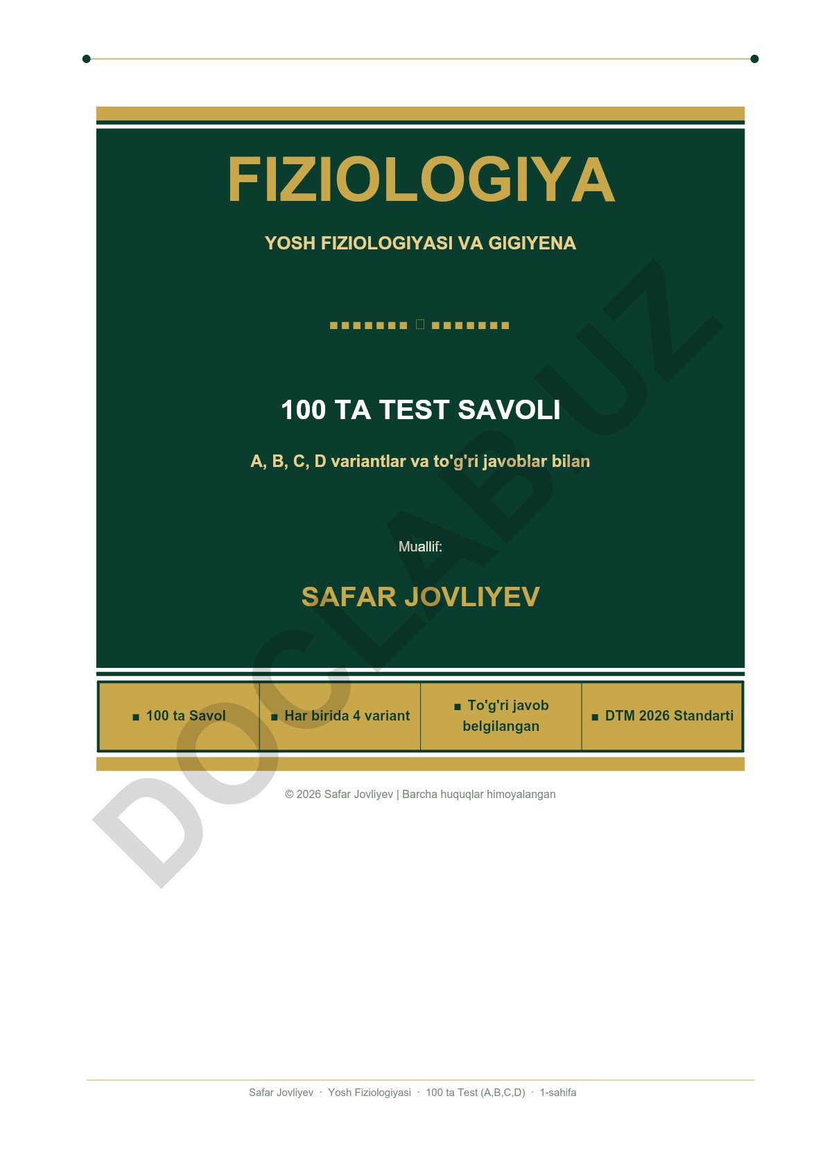 Yosh fiziologiyasi va gigiyena fanidan 100 ta test savollari